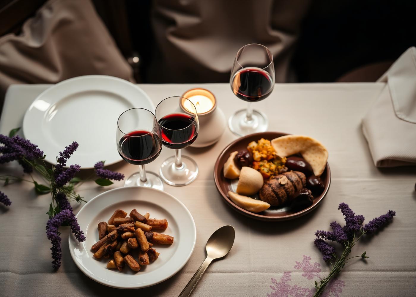 Mesa de bistro europeo con vino y platos locales