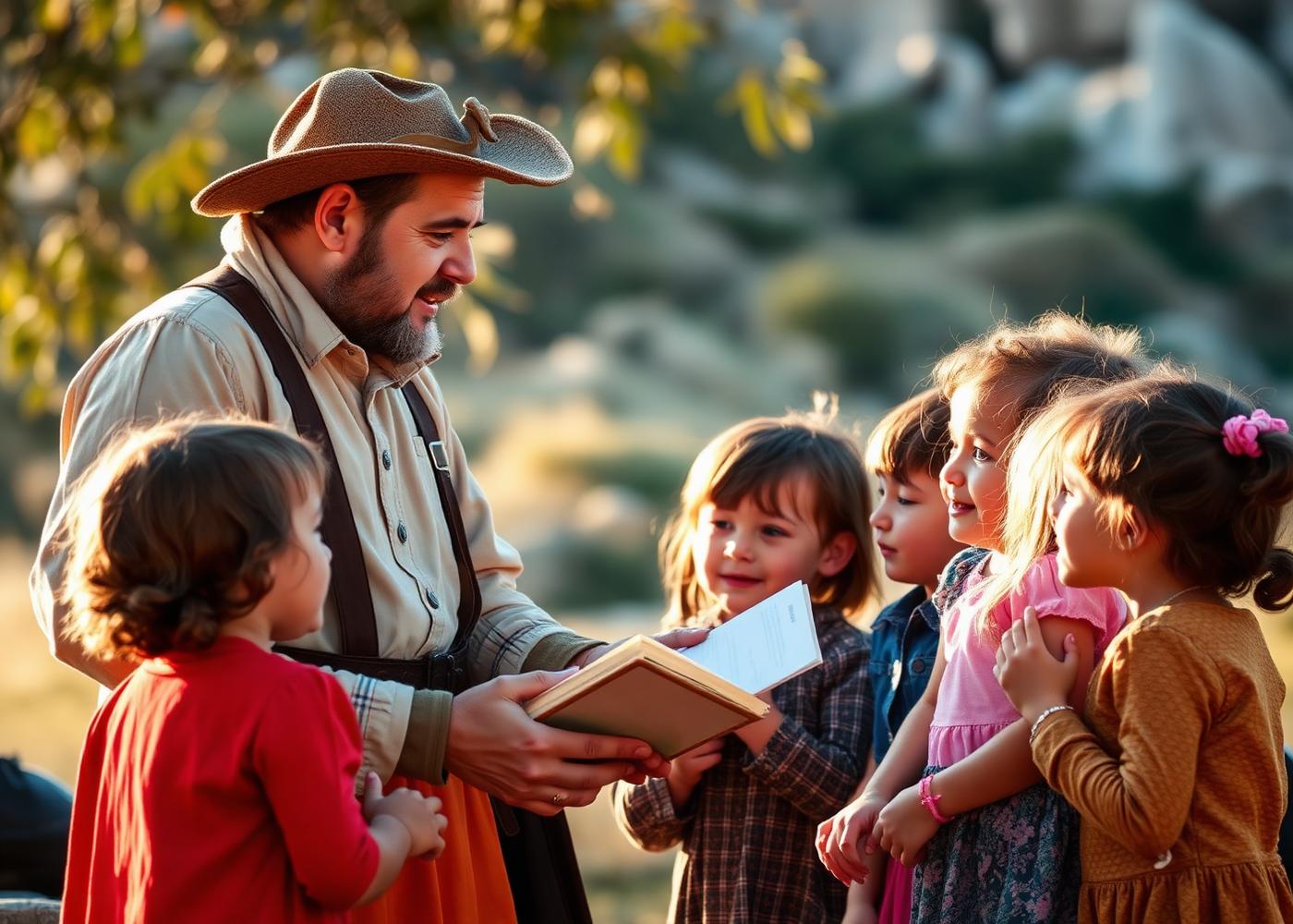 Personaje teatralizado recibiendo a los niños