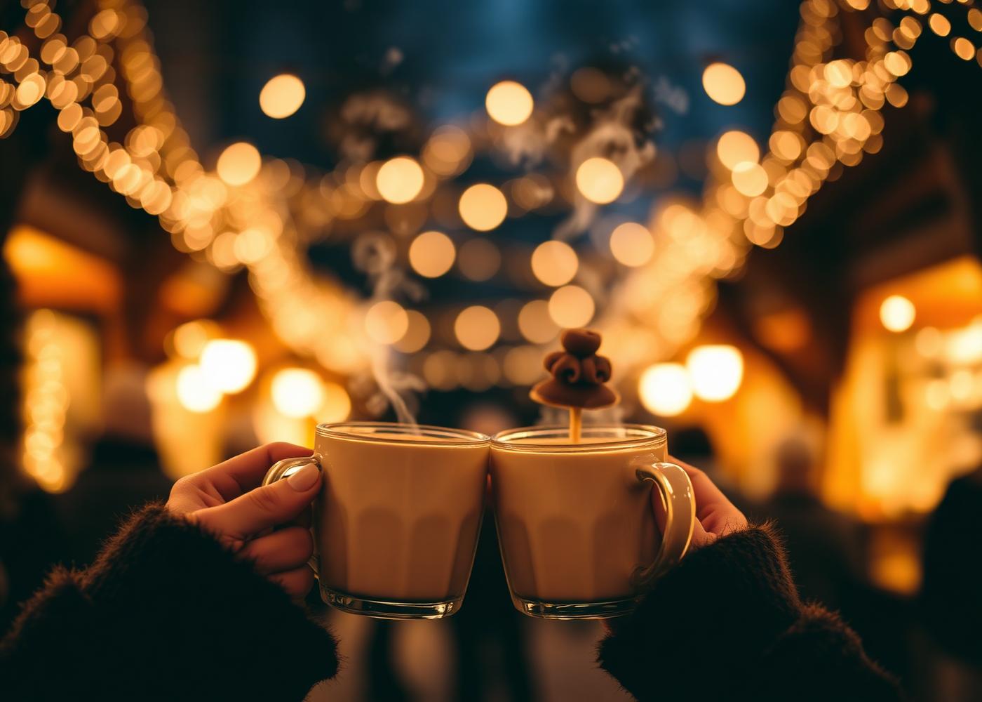 Dos personas brindando con vino caliente en un mercado navideño